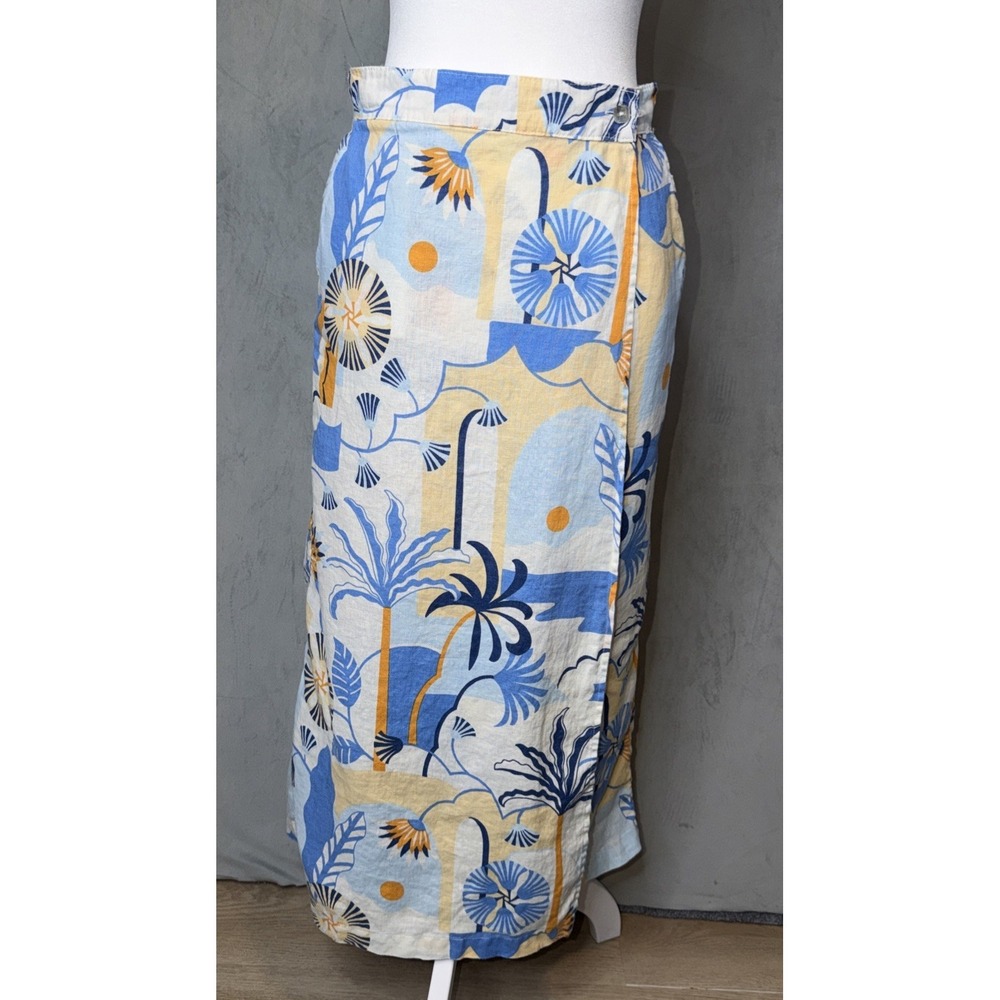 Nicole Miller New York Linen Wrap Midi Skirt Women's S Blue Tropical Print